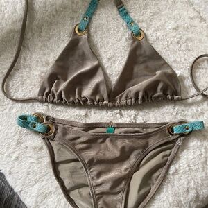 Vix Swimwear Set - Gold Triangle Top with Blue Leather Accents & Matching Bikini